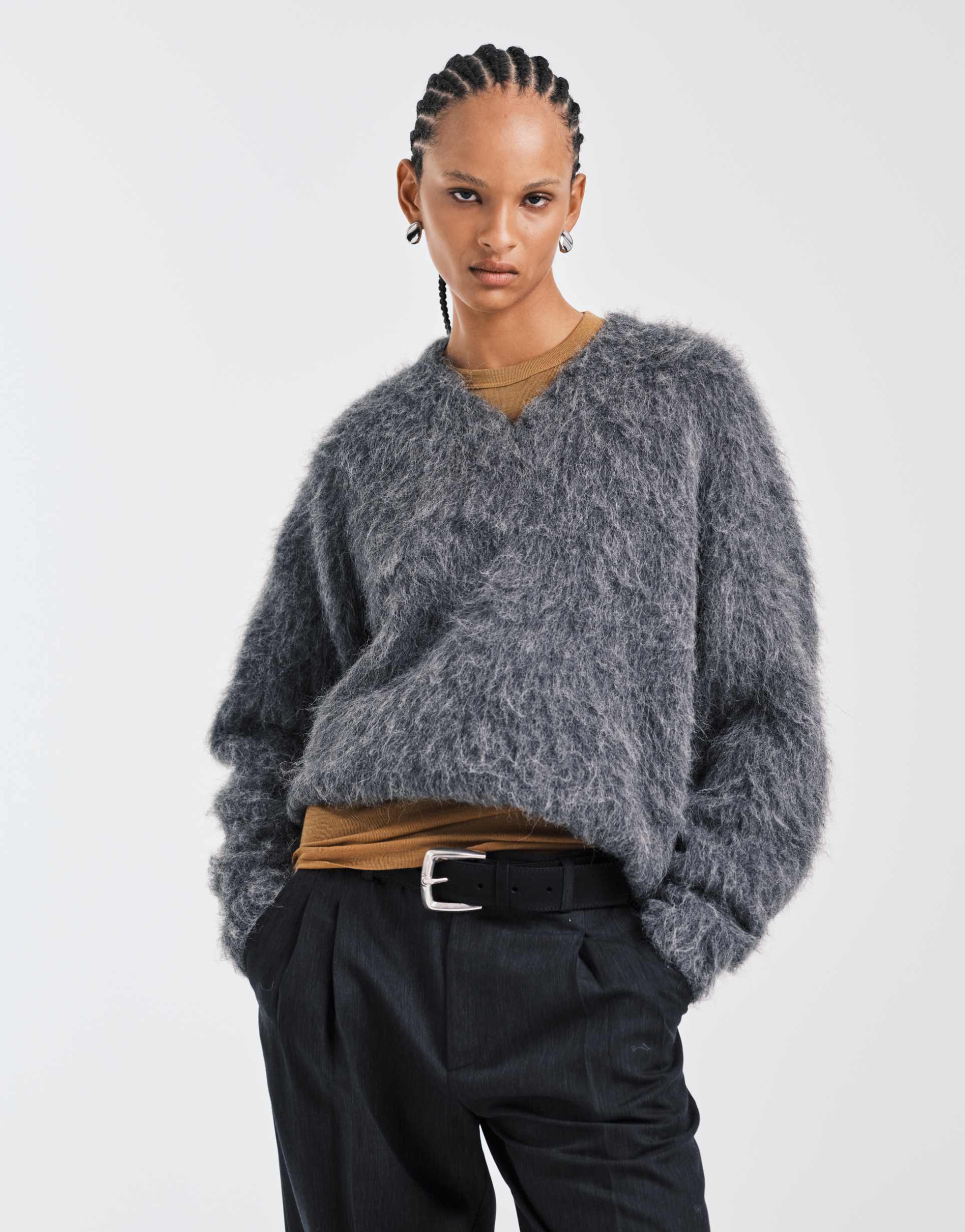 asos design brushed oversized premium alpaca blend v-neck sweater in charcoal