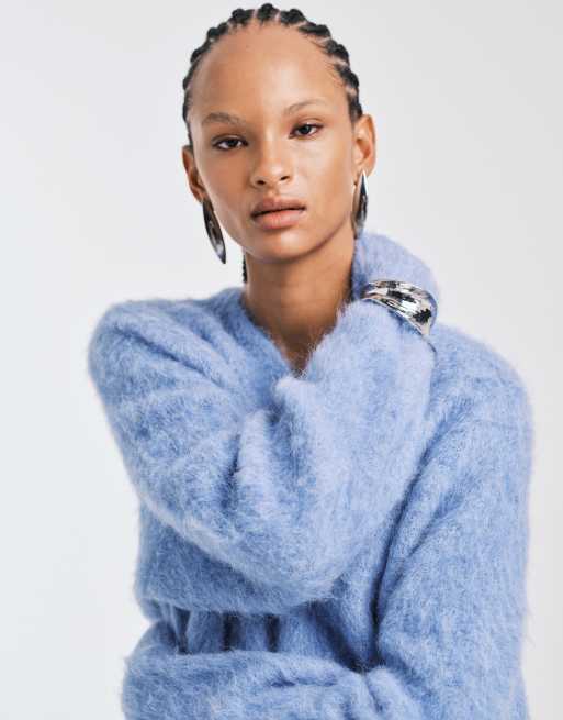 ASOS DESIGN brushed oversized premium alpaca v neck jumper in blue, 3 of 4