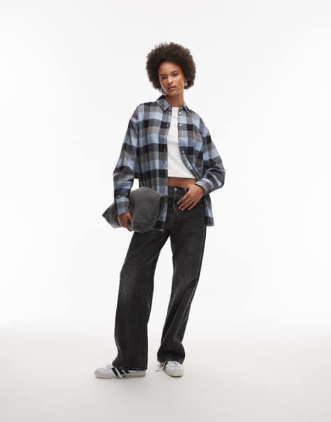 ASOS DESIGN brushed oversized shirt in blue check - view 1