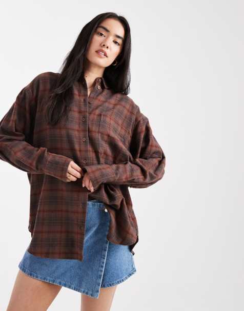 ASOS DESIGN brushed oversized shirt in brown check - view 1