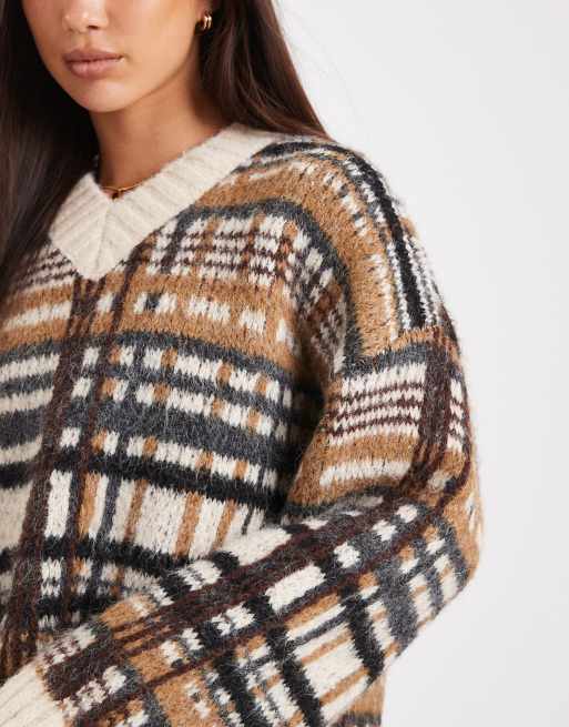 ASOS DESIGN brushed plaid high v-neck sweater in mocha