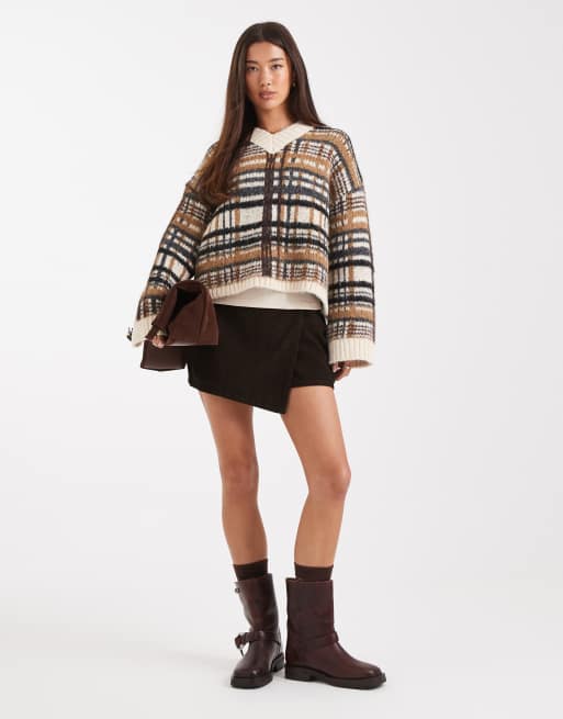 ASOS DESIGN brushed plaid high v-neck sweater in mocha