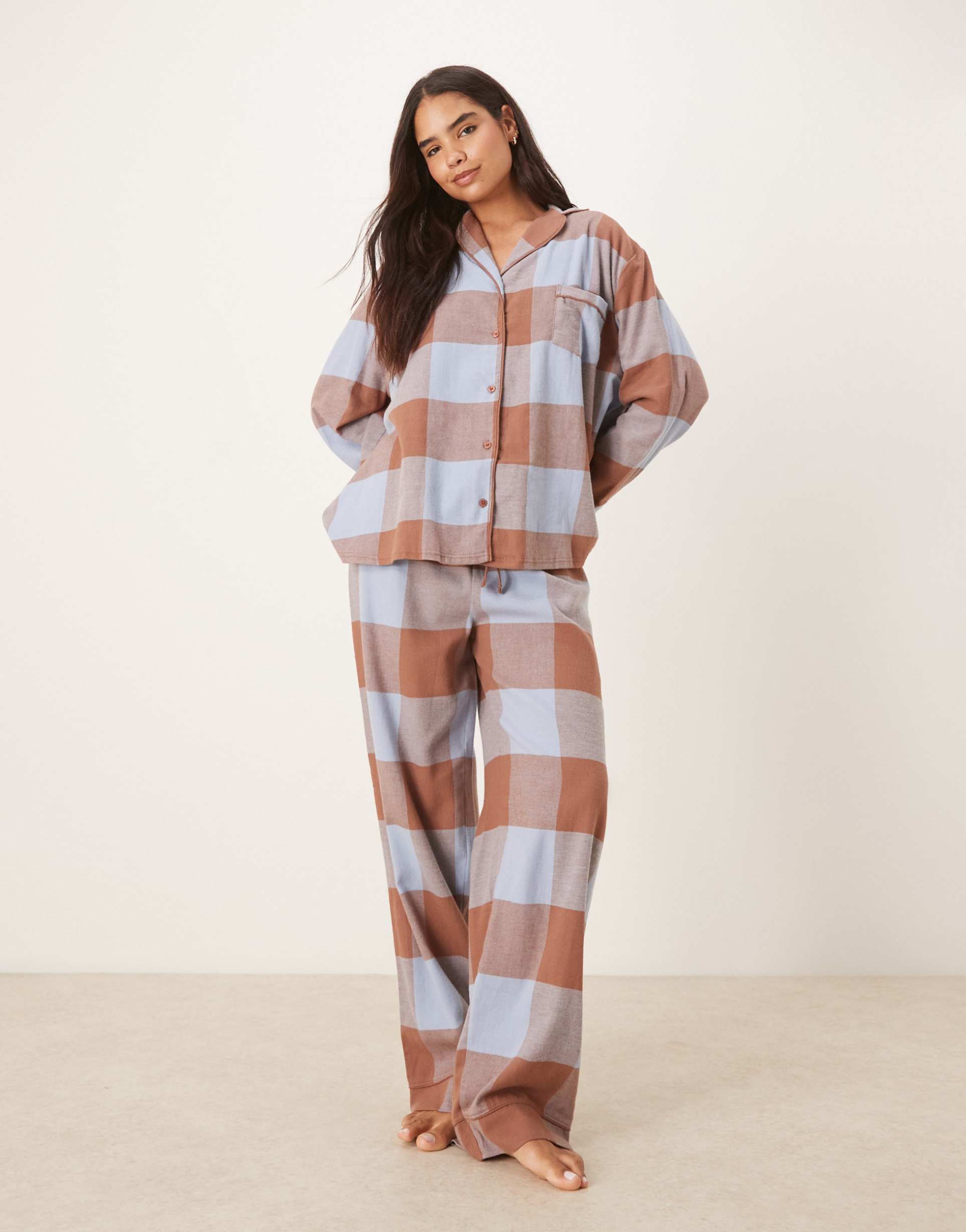 asos design brushed plaid oversized shirt and pants pajama set in brown & blue