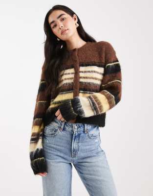 Asos Design Brushed Relaxed Stripe Crew Neck Cardigan In Brown