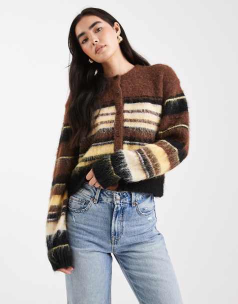 ASOS DESIGN brushed relaxed stripe crew neck cardigan in chocolate - view 1