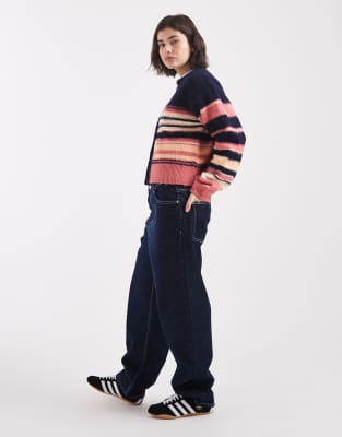 Asos Design Brushed Relaxed Striped Crew Neck Cardigan In Blue