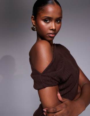 Asos Design Brushed Rib Asymmetric Top In Brown