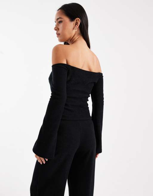 ASOS DESIGN brushed rib bardot top with flare sleeves in black - part of a set, 4 of 4