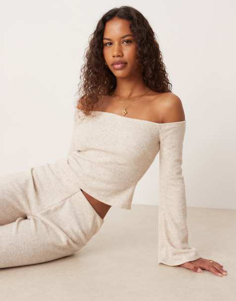 ASOS DESIGN brushed rib bardot top with flare sleeves in oatmeal - part of a set - view 1