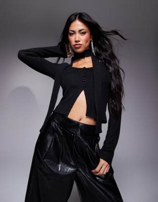 Asos Design Brushed Rib Button Down Square Neck Long Sleeve Top With Scarf In Black