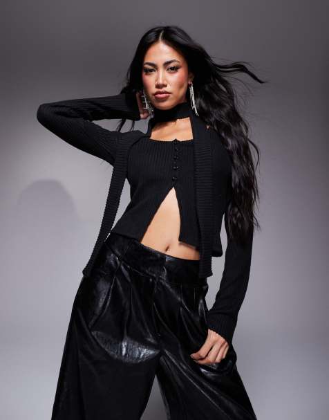 ASOS DESIGN brushed rib button down square neck long sleeve top with scarf in black - view 1