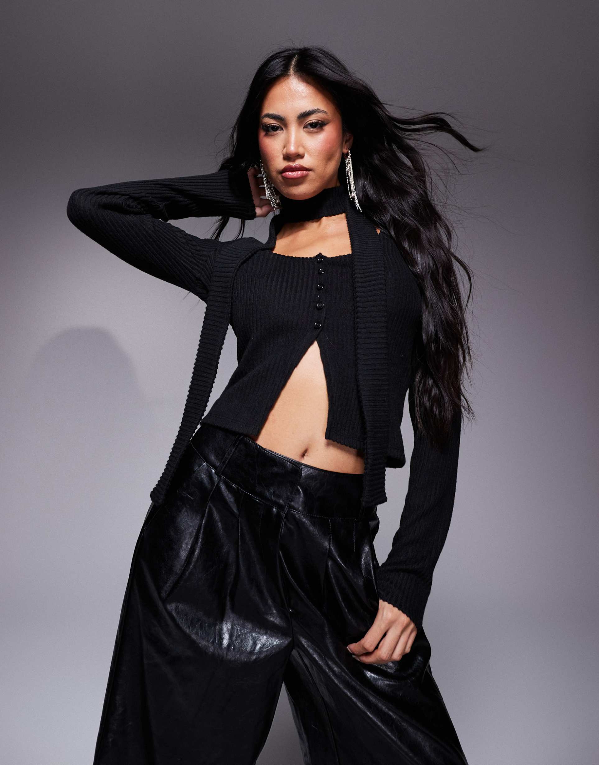 asos design brushed rib button down square neck long sleeve top with scarf in black
