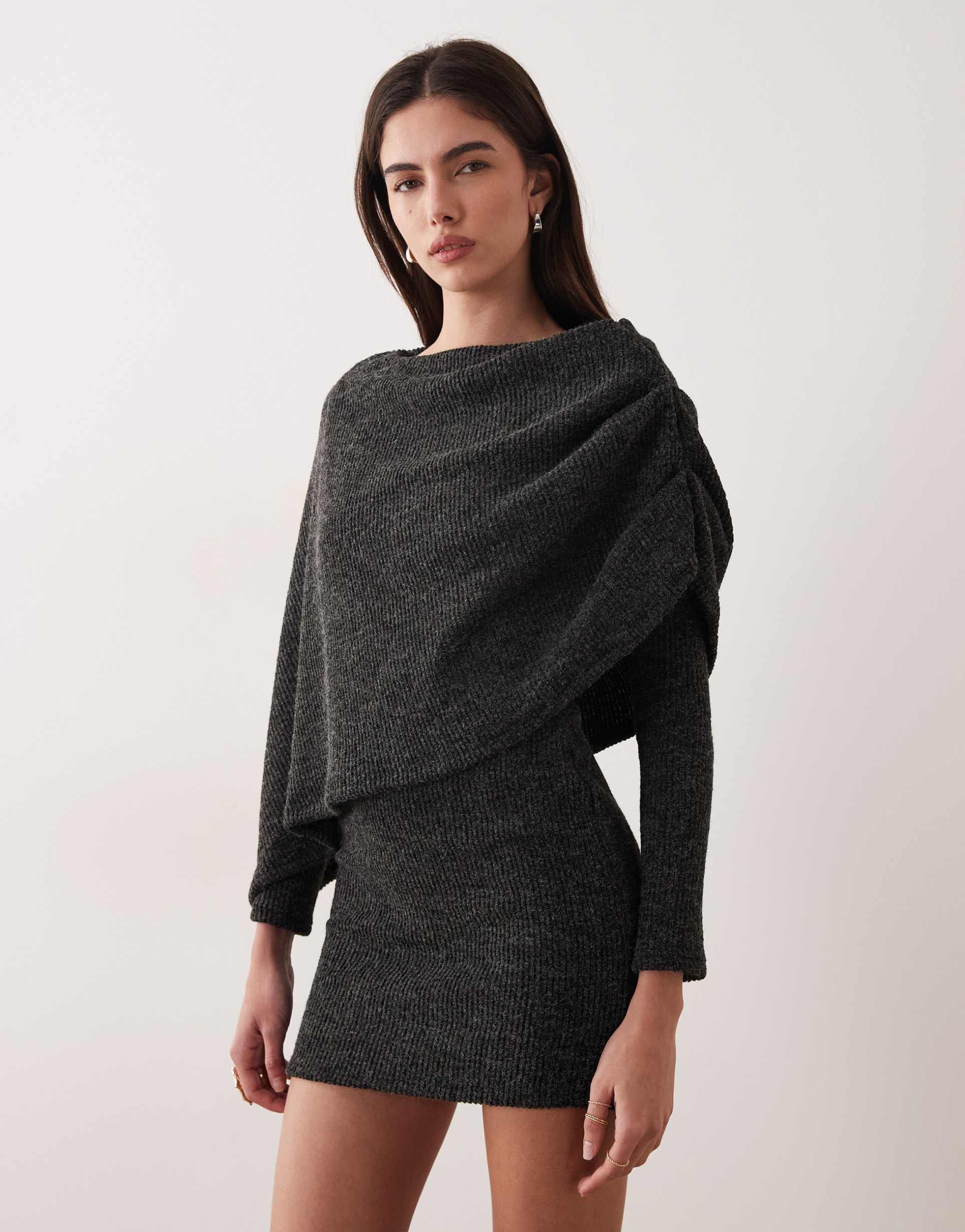 asos design brushed rib cape mini dress in charcoal