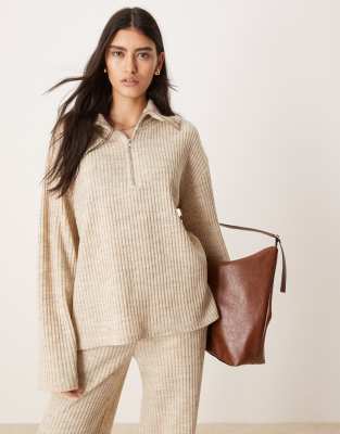 Asos Design Brushed Rib Half Zip Long Sleeve Top In Cream - Part Of A Set-white