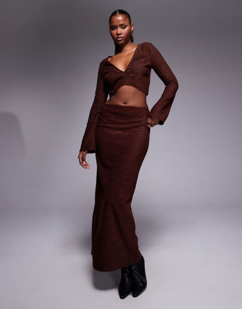 ASOS DESIGN co-ord brushed rib column maxi skirt in chocolate