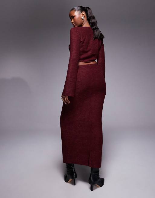 ASOS DESIGN brushed rib knit column maxi skirt in burgundy - part of a set, 3 of 5