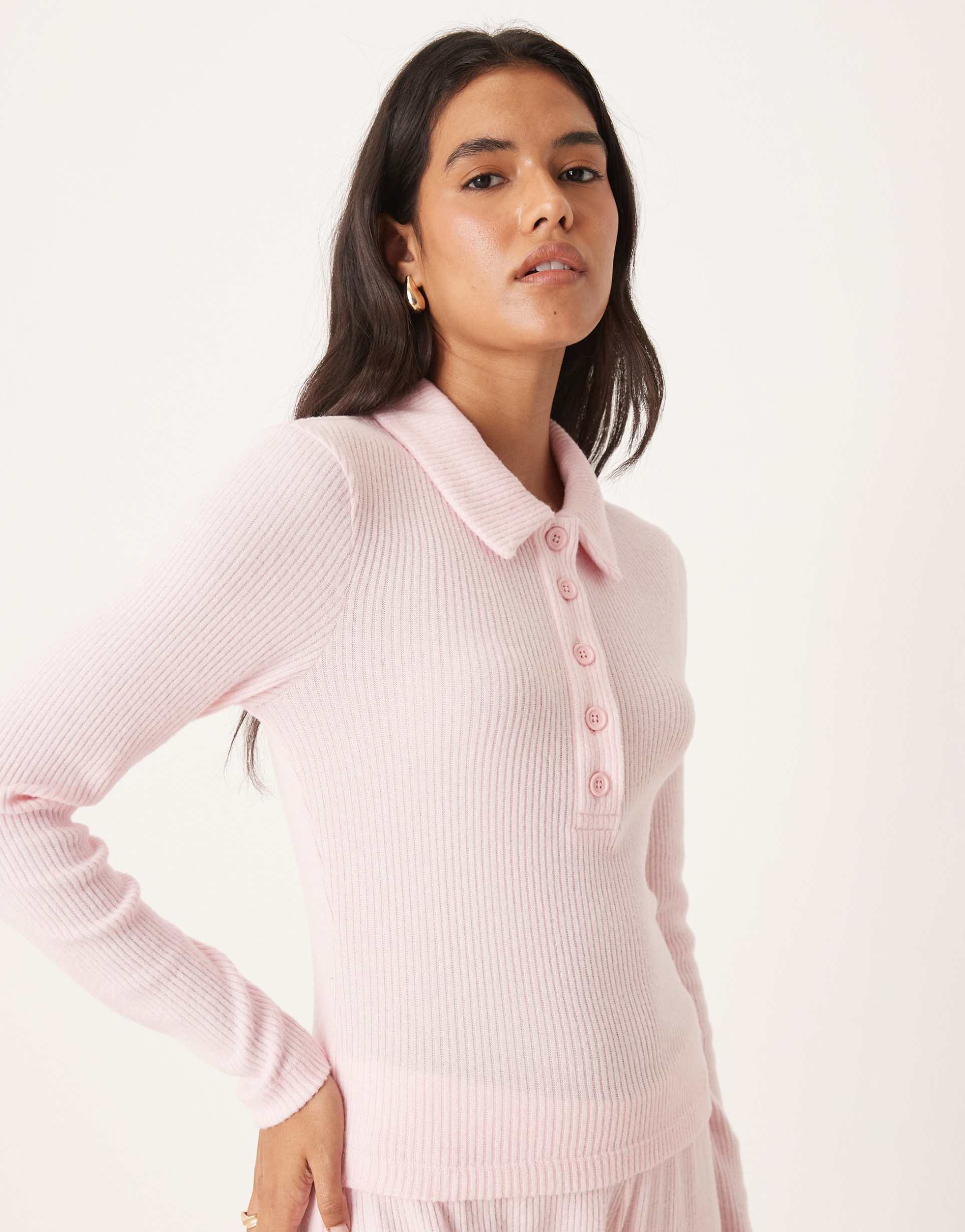 asos design brushed rib knit long sleeve top in pink - part of a set