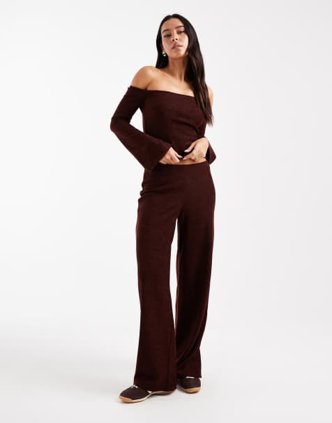 ASOS DESIGN brushed rib knit off the shoulder top and pants set - view 1