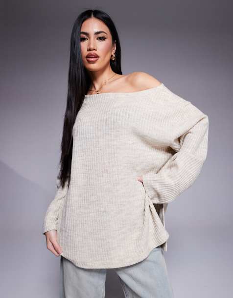 ASOS DESIGN brushed rib knit off the shoulder top in cream - view 1