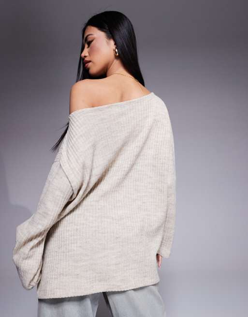 ASOS DESIGN brushed rib knit off the shoulder top in cream