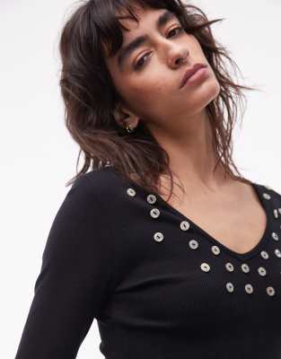 Asos Design Brushed Rib Knit Scoop Neck Long Sleeve Top With Button Detailing In Black