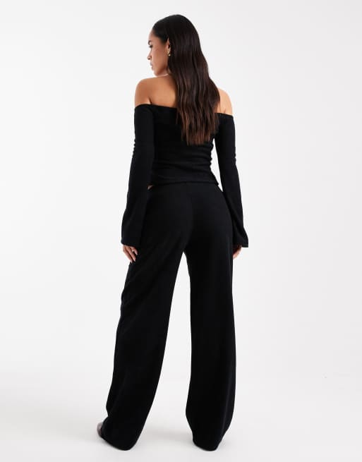 ASOS DESIGN brushed rib knit wide leg pants in black - part of a set, 2 of 5