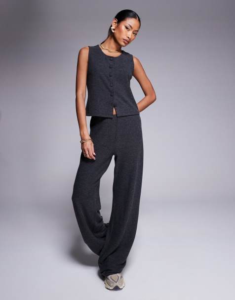 ASOS DESIGN brushed rib knit wide leg pants in charcoal - part of a set - view 1