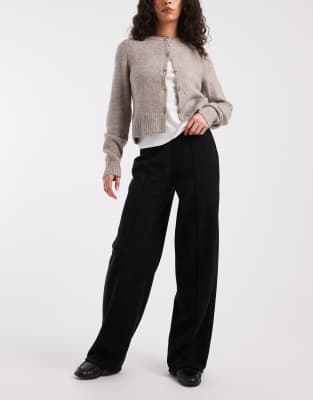 Asos Design Brushed Rib Knit Wide Leg Pants With Front Seam Detailing In Black