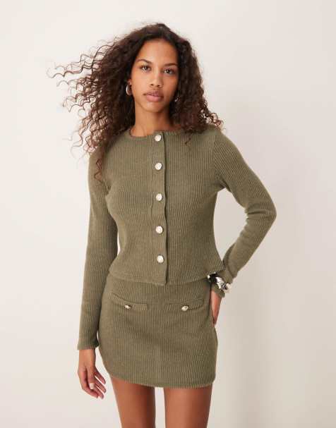 ASOS DESIGN brushed rib long sleeve cardigan with gold buttons in khaki - part of a set - view 1