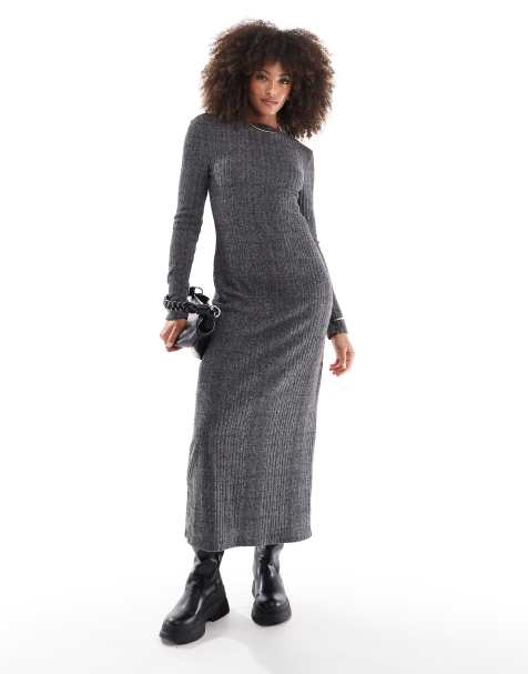ASOS DESIGN brushed rib long sleeve column midi dress in charcoal - view 1
