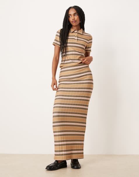 ASOS DESIGN brushed rib maxi skirt co-ord in pink & taupe stripe - view 1