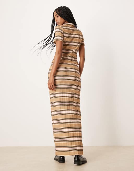 ASOS DESIGN brushed rib maxi skirt co-ord in pink & taupe stripe, 3 of 5