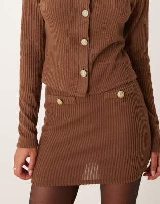 Asos Design Brushed Rib Mini Skirt In Chocolate - Part Of A Set-brown