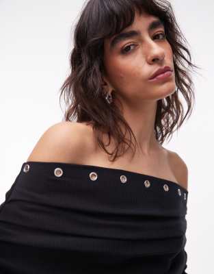 Asos Design Brushed Rib Off Shoulder Long Sleeve Top With Eyelet Detail In Black