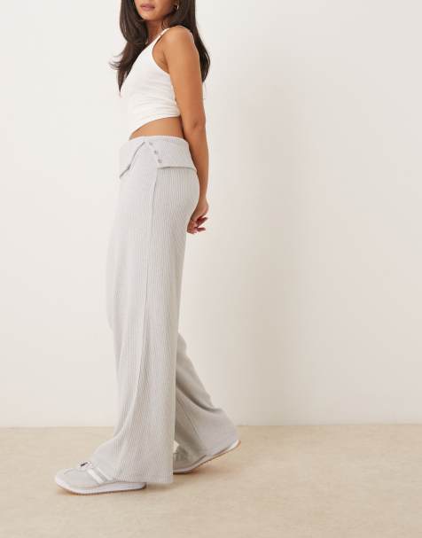 ASOS DESIGN brushed rib pants with fold over detail in grey - view 1
