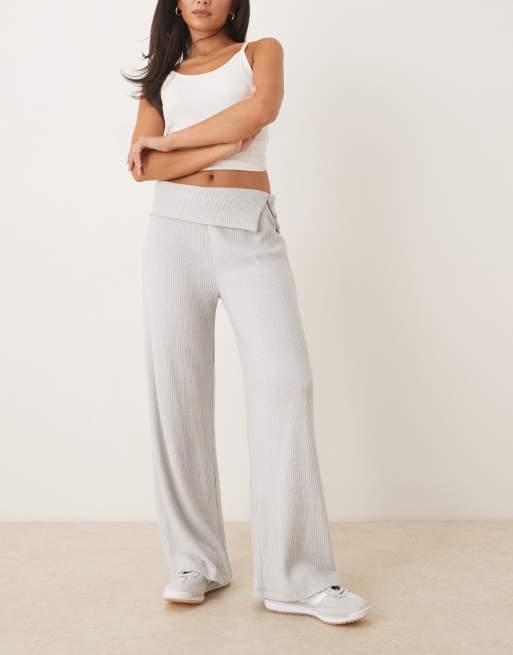 ASOS DESIGN brushed rib pants with fold over detail in grey, 2 of 5