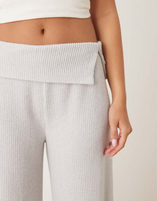 ASOS DESIGN brushed rib pants with fold over detail in grey, 3 of 5