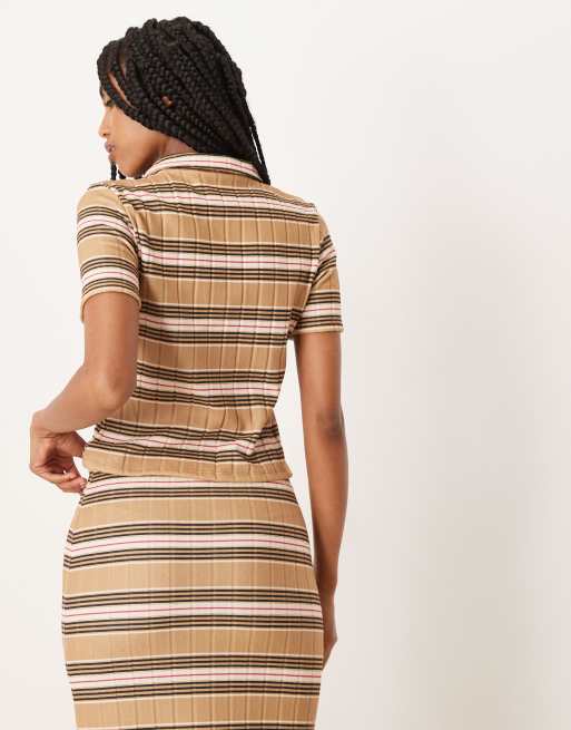 ASOS DESIGN brushed rib polo top co-ord in pink and taupe stripe, 4 of 4