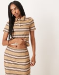 [ASOS DESIGN] ASOS DESIGN brushed rib polo top in pink and taupe stripe (part of a set)-Multi XS Stripe
