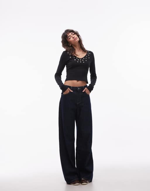 ASOS DESIGN brushed rib scoop neck long sleeve top with button detail in black, 3 of 4
