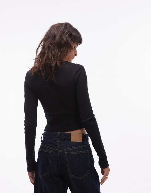 ASOS DESIGN brushed rib scoop neck long sleeve top with button detail in black, 4 of 4