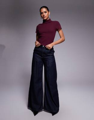 Asos Design Brushed Rib Short Sleeve Roll Neck Top In Purple