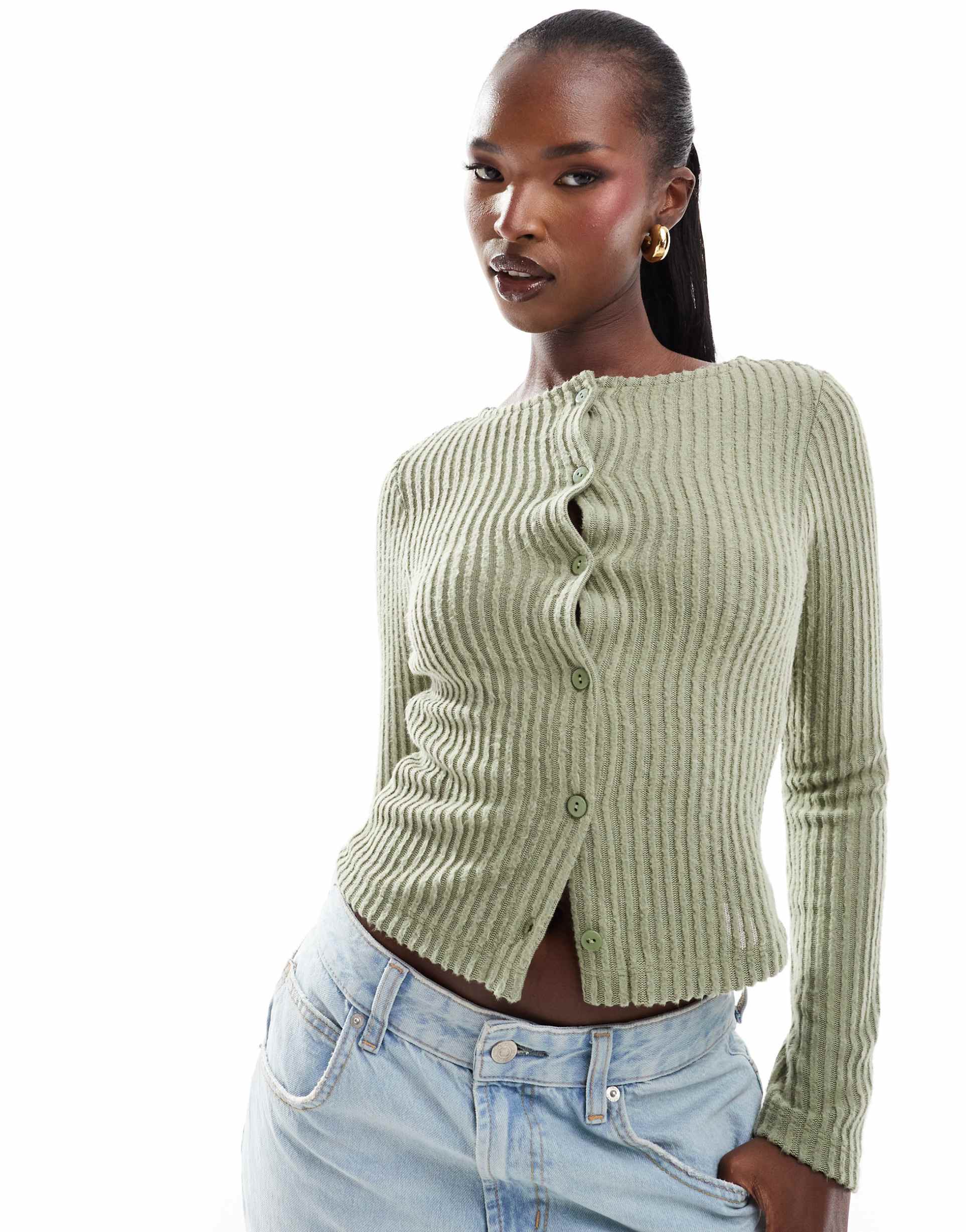 asos design brushed rib shrunken cardigan in khaki