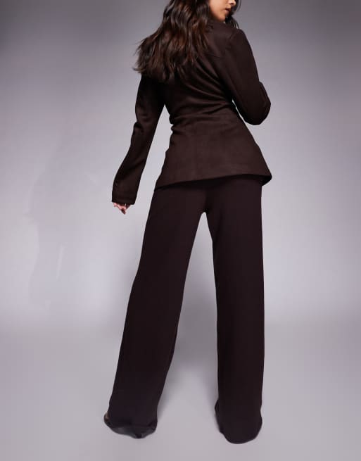 ASOS DESIGN brushed rib straight leg pants in brown, 3 of 5