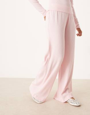 Asos Design Brushed Rib Wide Leg Pants In Pink