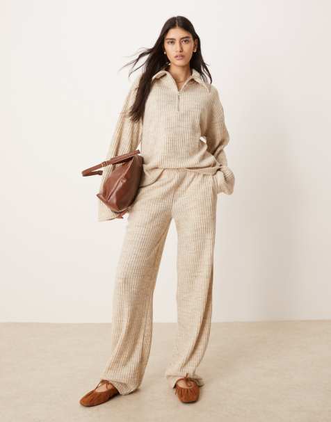 ASOS DESIGN brushed rib wide leg sweatpants in cream - part of a set - view 1