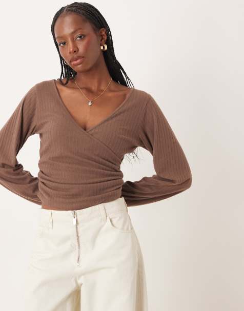 ASOS DESIGN brushed rib wrap detail long sleeve top in chocolate - view 1