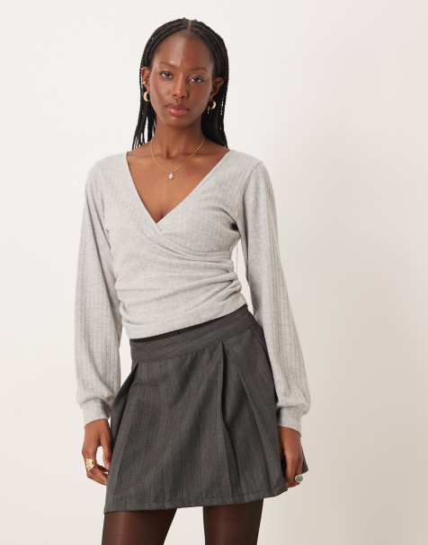 ASOS DESIGN brushed rib wrap detail long sleeve top in gray heather - view 1