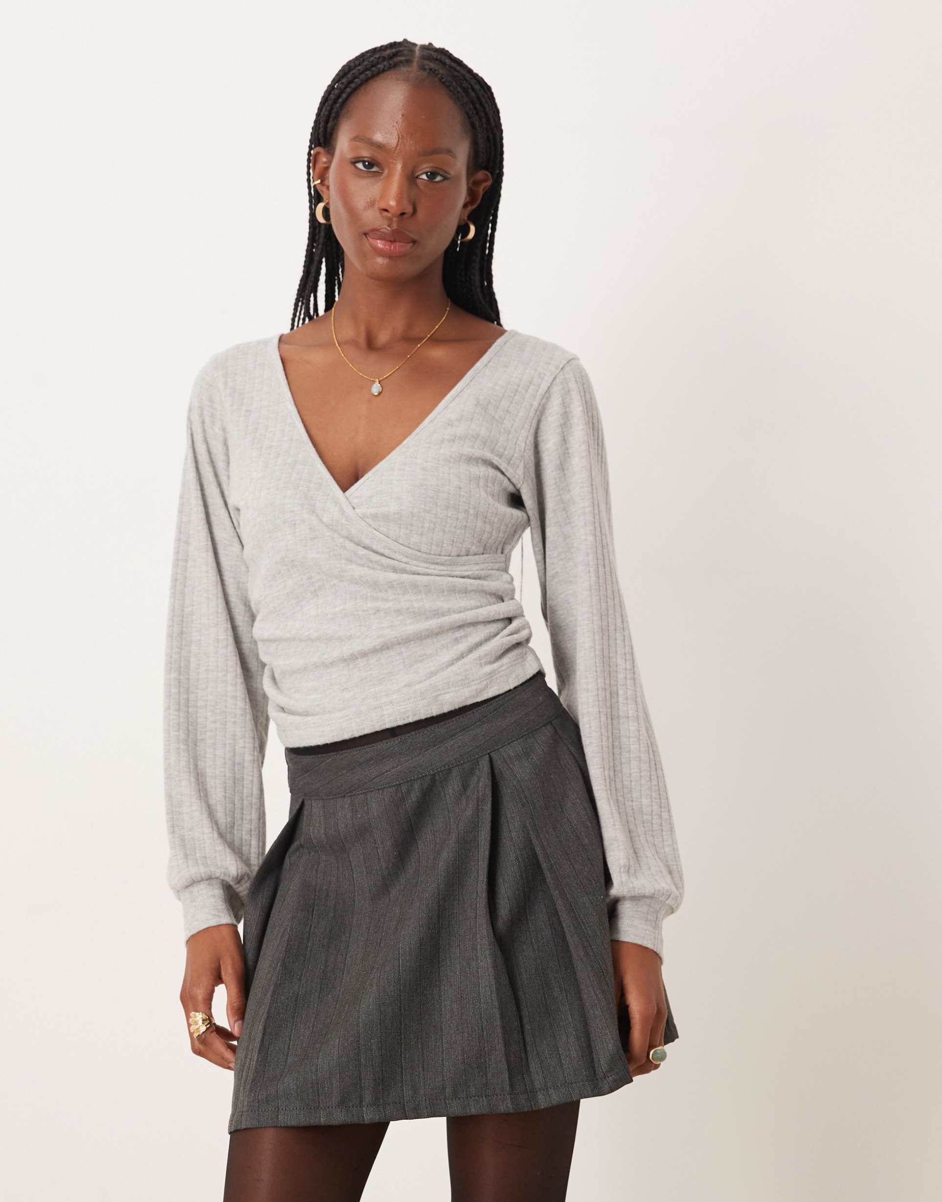 asos design brushed rib wrap detail long sleeve top in gray heather