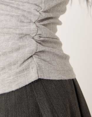 Asos Design Brushed Rib Wrap Detail Long Sleeve Top In Gray